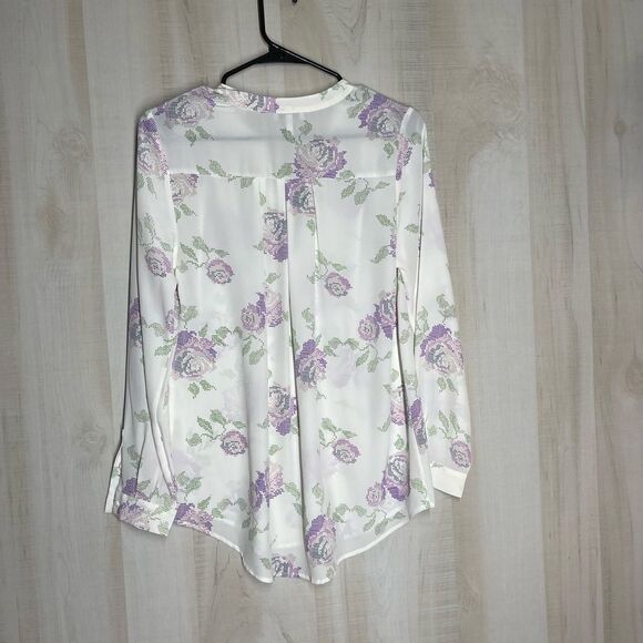 Joie white silk blouse with lavender purple flowers, long sleeve,‎ size XS - Picture 5 of 16